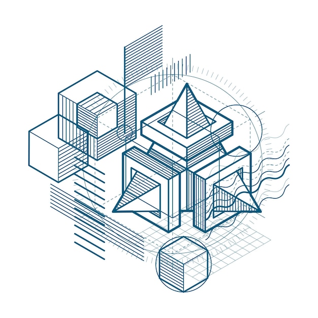 Abstrato isométrico com formas dimensionais lineares, elementos de malha 3d do vetor. composição de cubos, hexágonos, quadrados, retângulos e diferentes elementos abstratos.