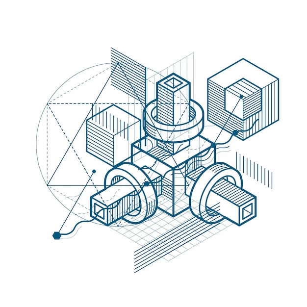 Abstrato isométrico, layout de vetor 3d. composição de cubos, hexágonos, quadrados, retângulos e diferentes elementos abstratos.