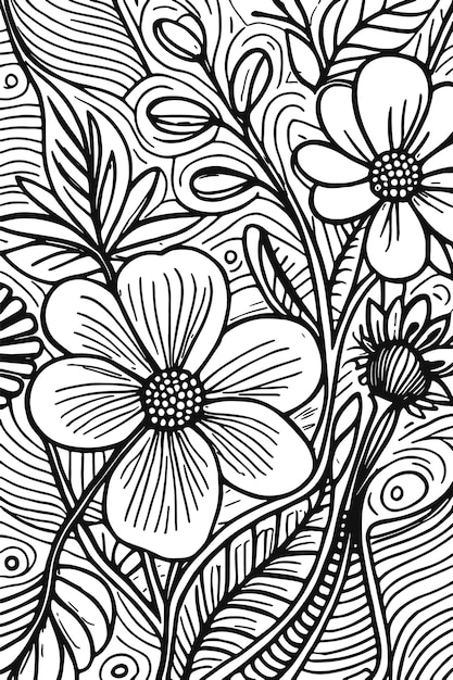 Abstrato, preto branco, monocromático, handrawn, flores, textura, padrão, doodle, vetorial, ilustração