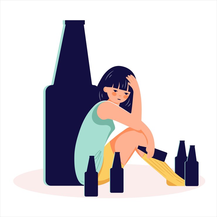 Abuso de álcool conceito de dependência ilustração de mulher bêbada desenhada à mão