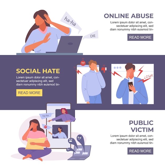 Vetor abuso online banners web internet redes sociais cyber bullying assédio deprimido infeliz