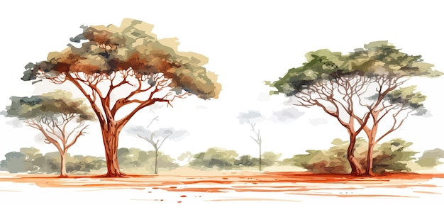 Vetor acacia africana árvores aquarela paisagem desenho de ilustração vetorial