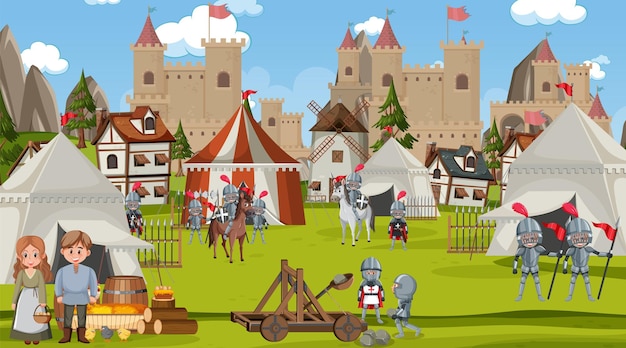 Acampamento da cena da cidade medieval com tendas e castelo