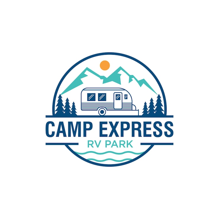 Vetor acampamento de caravana rv park com pinheiro perene e lago de montanha paisagem natureza ilustração design de logotipo inspiração