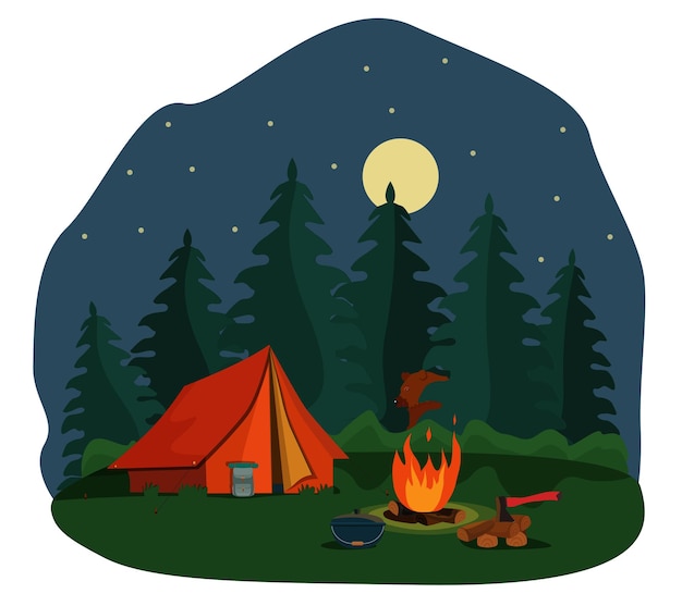Acampamento de verão à noite recreação ao ar livre uma paisagem com uma tenda amarela uma fogueira e uma floresta