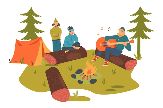 Vetor acampamento de verão com ilustração de fogueira