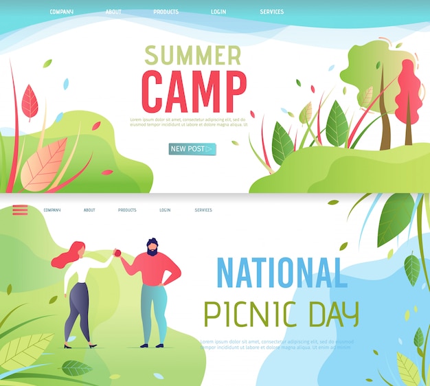 Acampamento de verão e dia nacional do piquenique landing page set