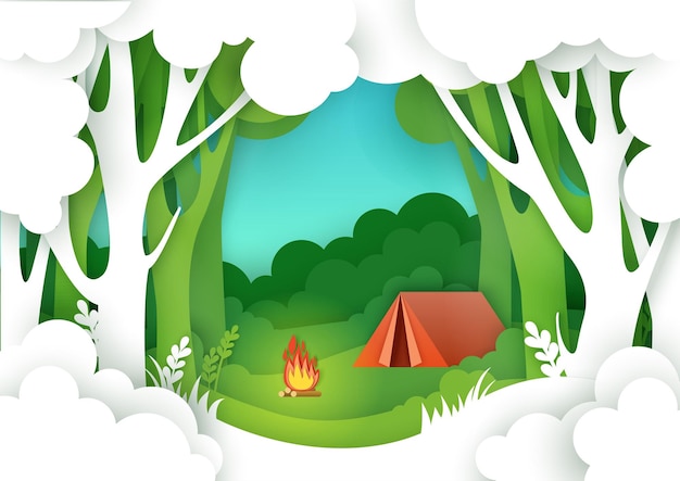 Acampamento de verão em ilustração vetorial de floresta em estilo de arte de papel