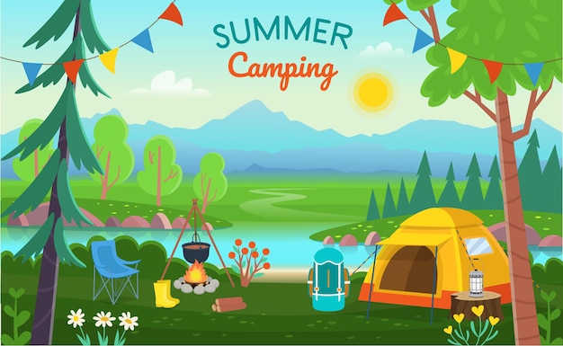 Acampamento de verão. paisagem da floresta com árvores, arbustos, flores, estrada, um lago, tendas, uma fogueira, uma mochila. conceito de acampamento e verão viajando.