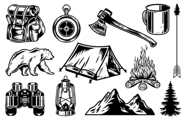 Acampamento vintage e elementos de aventura ao ar livre preto