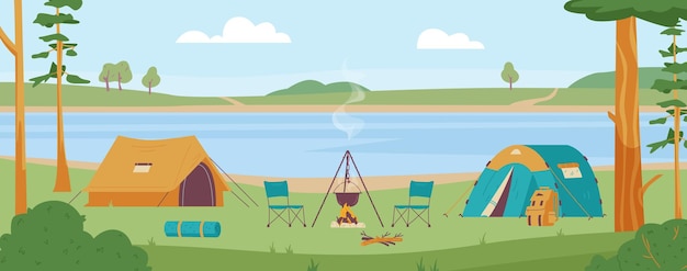 Acampar com tendas à beira do rio ou lago na floresta ilustração vetorial plana
