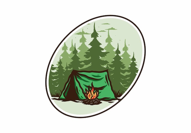 Acampar na floresta com distintivo de ilustração de fogueira