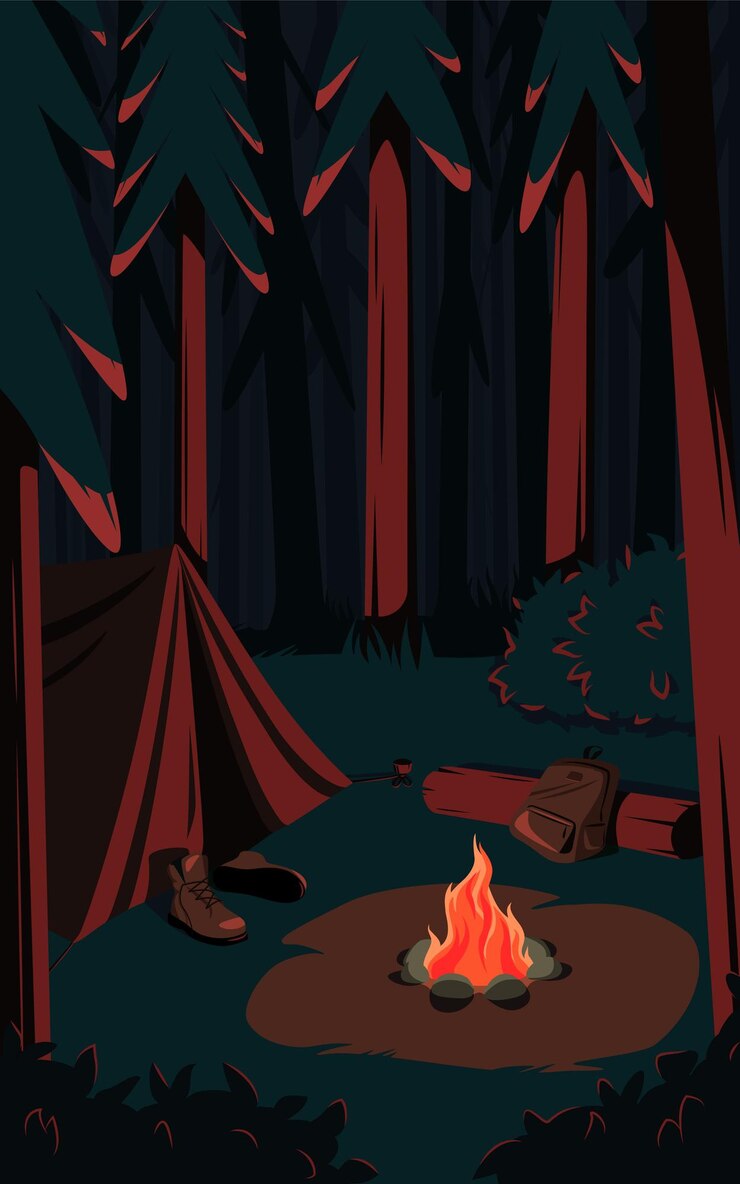 Vetor acampar perto do fogo na floresta noturna