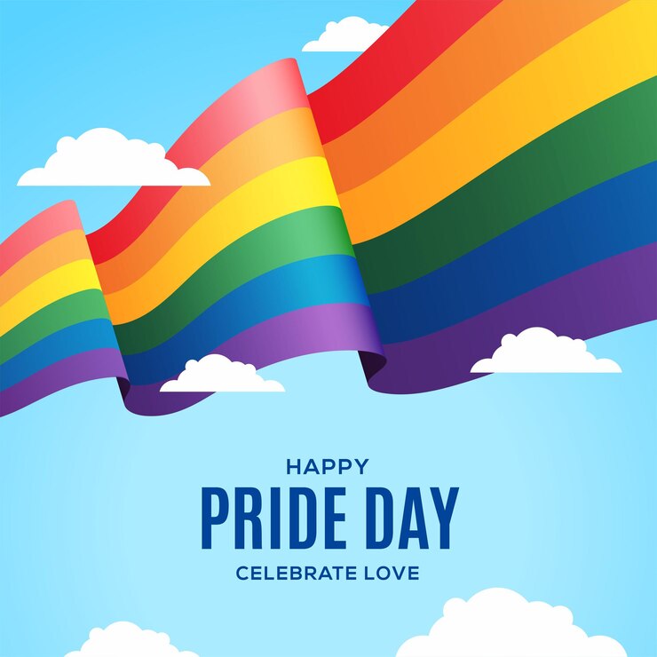 Acenando a bandeira LGBT com nuvens no céu