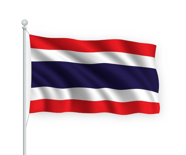 acenando a bandeira Tailândia no mastro isolado no branco
