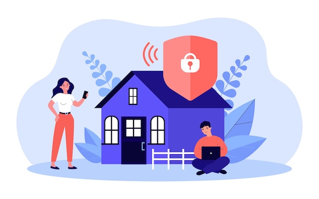 Vetor acesso protegido à ilustração vetorial plana de rede wi-fi. homem e mulher no fundo da casa, usando gadgets e internet, conectando-se à rede doméstica. segurança, internet, conceito de conexão da web