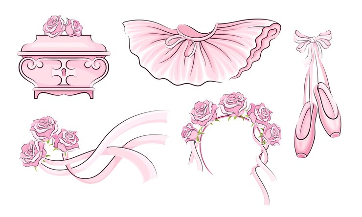 Vetor acessórios de ballet com saia tutu e par de sapatos pointeshoes vector set