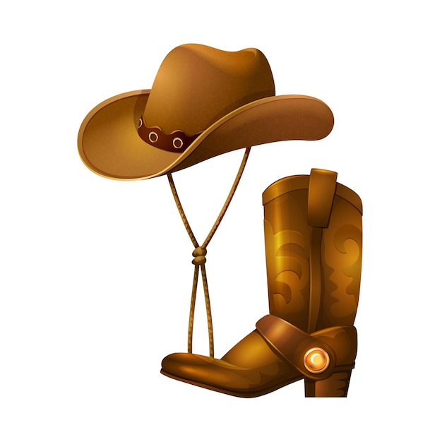 Vetor acessórios de cowboy na forma de um chapéu e botas de couro roupas de cowboy no oeste selvagem itens de guarda-roupa elegantes para manter o estilo e a imagem ilustração em vetor