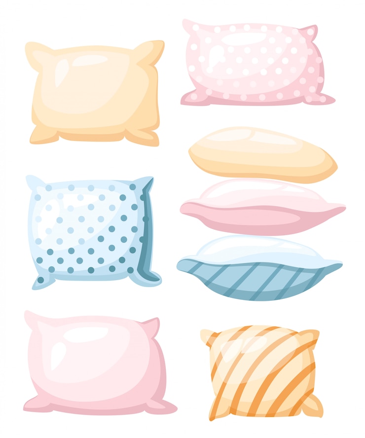 Vetor acessórios de símbolo de sono e descanso para almofadas de descanso noturno em cores pastel com um ícone de impressão listrado e pontilhado em diferentes ângulos em estilo cartoon sobre fundo branco