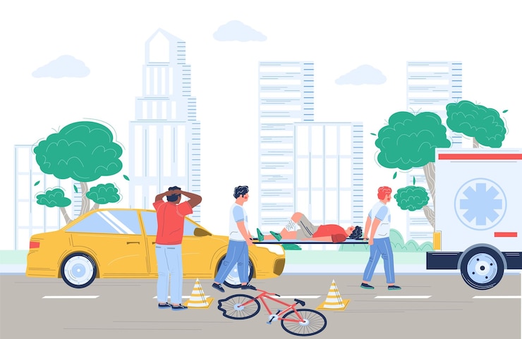 Vetor acidente de bicicleta colisão de ciclista com carro ilustração plana vetorial equipe médica de emergência paramédica resgatando paciente ferido transportando-o para o hospital em maca acidente de trânsito acidente de motocicleta