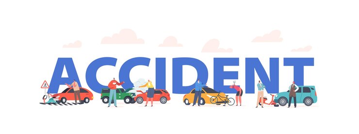 Vetor acidente de carro com pessoas na estrada conceito automóveis quebrados com carro a vapor colidir em scooter sedan colidir em bicicleta e cartaz pedestre banner ou flyer cartoon pessoas ilustração vetorial