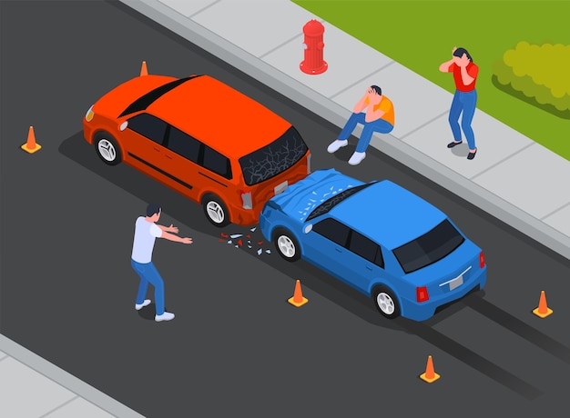 Vetor acidente de colisão de dois carros particulares com motorista furioso e passageiros chorando sentados no pavimento ilustração vetorial isométrica