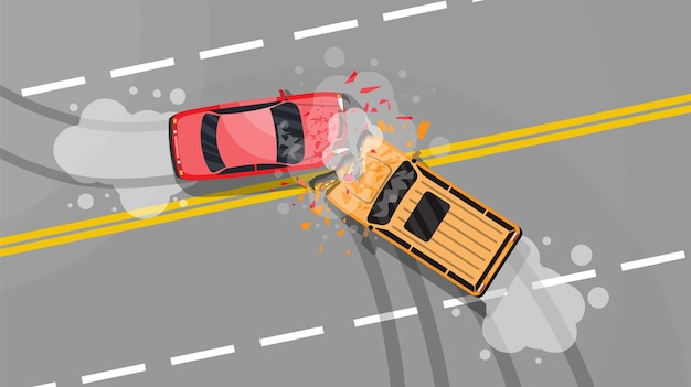 Acidente de viação entre dois carros. colisão de veículos. asas e pára-choques quebrados, janelas quebradas. vista aérea.