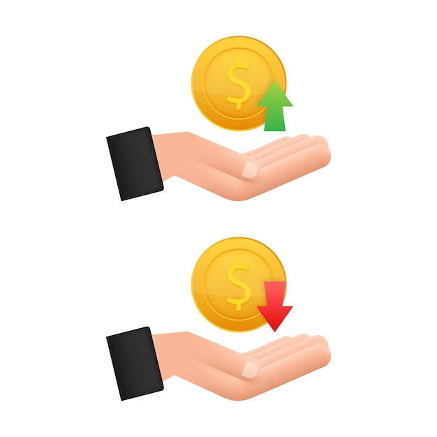 Acima e abaixo do sinal de dólar nas mãos sobre fundo branco. ilustração em vetor das ações.