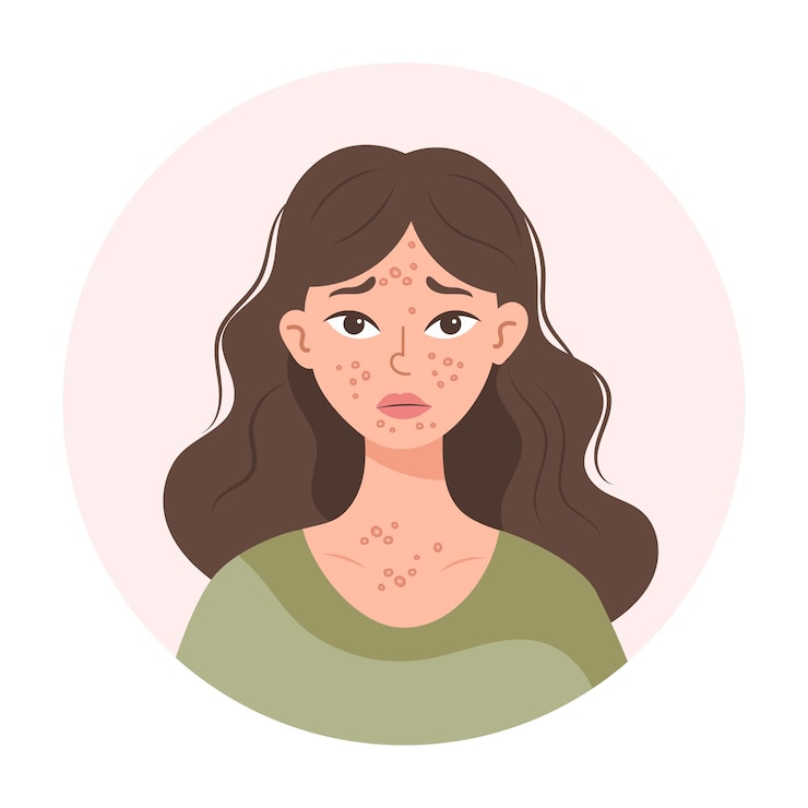 Vetor acne adolescente infeliz com acne e espinhas no rosto pele facial irritada ilustração