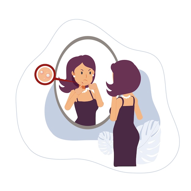 Acne treatment.beautiful mulher apertando sua espinha, olha seu reflexo no espelho e ficando com raiva devido ao problema de acne. Tratamento de acne. Ilustração de personagem de desenho animado vetorial plana