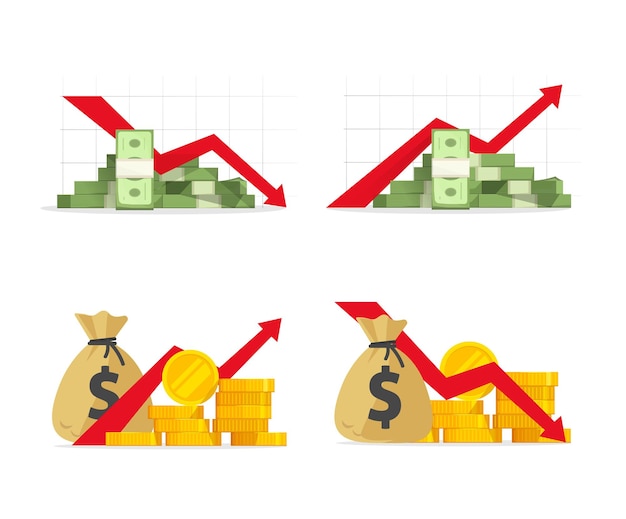 Vetor ações financeiras negativas vermelhas caem com a queda da crise econômica e receita de dinheiro ou vendas de lucros