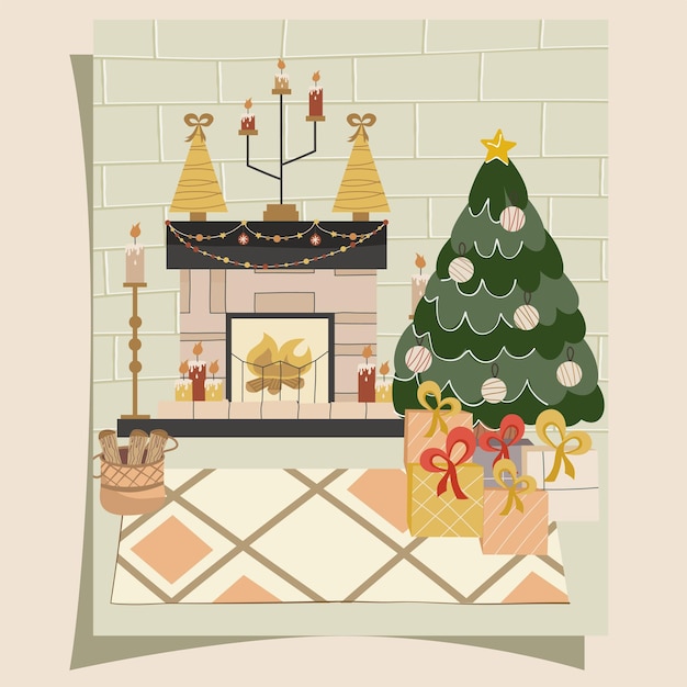 Aconchegante sala de estar de natal com árvore de natal, lareira e poltrona de estilo escandinavo em um cartão postal ou pôster. decorações de ano novo, guirlandas, meias e presentes. ilustração em vetor em estilo simples.