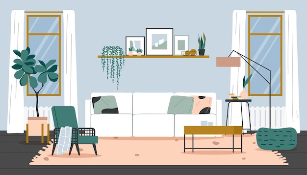 Vetor aconchegante sala de estar interiorflat ilustração vetorial