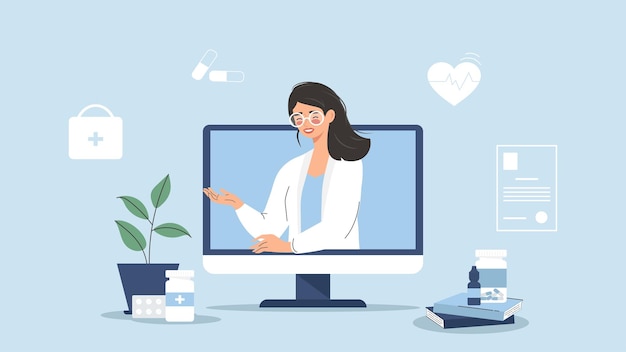 Aconselhamento médico e suporte on-line Médico on-line Médico de mulher sorridente na tela do monitor Vetor