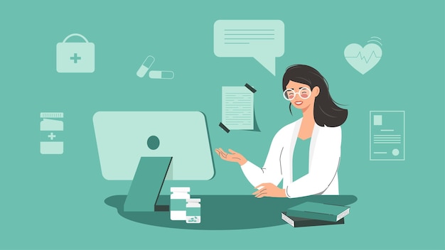 Aconselhamento médico ou consulta online com um paciente e uma médica sentada em um computador