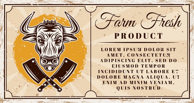 Vetor açougue fazenda fazenda produto de carne fresca vetor banner de publicidade horizontal com cabeça de touro ilustração em estilo vintage com texturas grunge e texto em camadas separadas