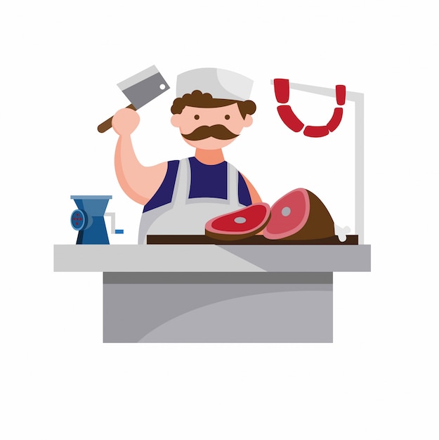 Açougueiro homem no açougue, cozinha, açougue, carne e salsicha, ilustração estilo simples