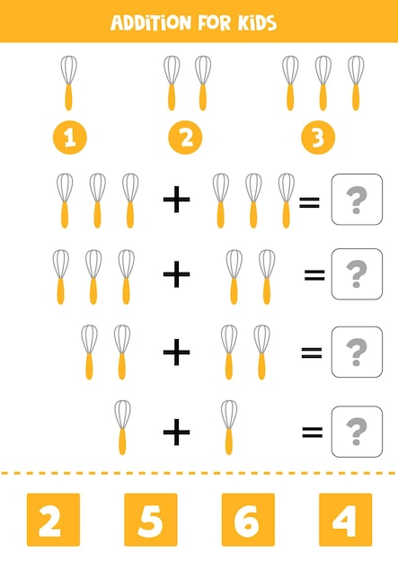 Acréscimo com batedor de cozinha. jogo educativo de matemática para crianças.