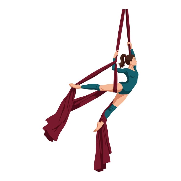 Vetor acrobata de seda aérea executando uma pose elegante com tecido burgundy em dança aérea dinâmica