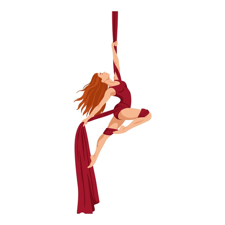 Vetor acrobata de seda aérea executando uma pose graciosa em tecido vermelho com ilustração vetorial de cabelo fluindo