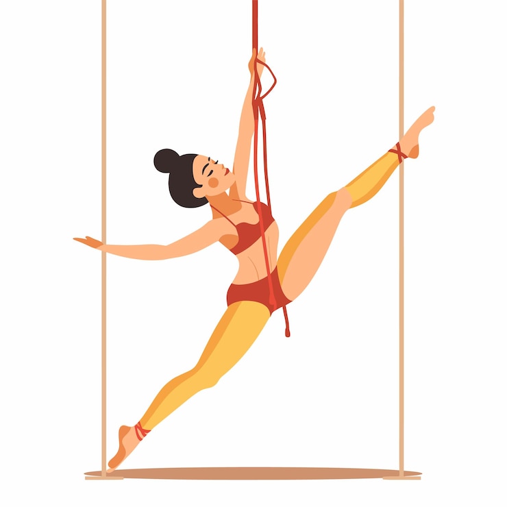 Vetor acrobata feminina executando sedas aéreas demonstrando força de flexibilidade artista vermelho