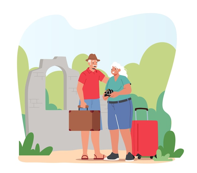 Vetor actividade ao ar livre casal idoso viagem pensionista viagem pessoas idosas viagem pessoas idosas viajar