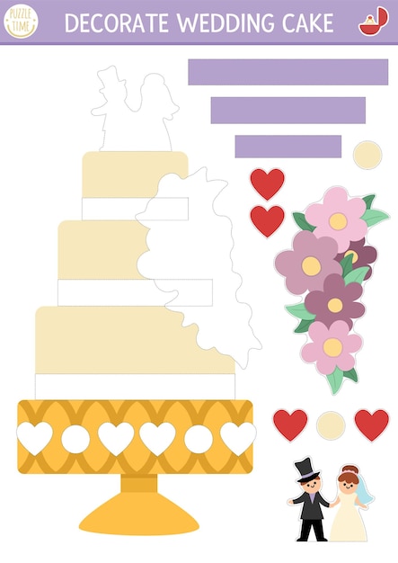 Actividade de corte e colagem de casamento vetorial decorar o bolo criar um jogo com sobremesa de casamento ficha de trabalho imprimível para crianças encontre a peça certa do quebra-cabeça complete a imagem xa