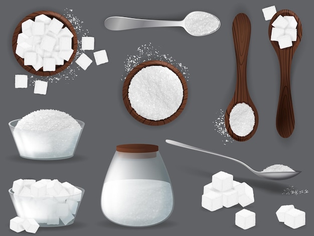 Vetor açúcar branco definido com pilhas e cubos de açúcar branco realista de grãos em vista superior e lateral da pilha de colheres
