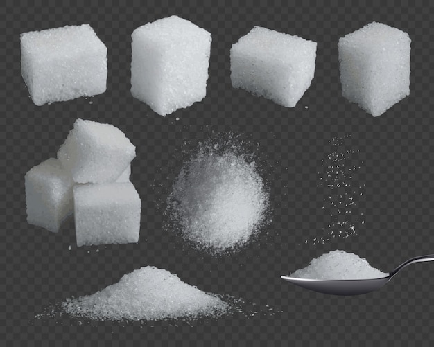 Açúcar realista. Glicose 3D em cubos e pó. Açúcar de grãos brancos na colher, vista superior e lateral da pilha. Conjunto de vetores de tempero doce de frutose