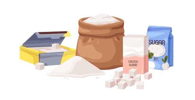 Açúcar refinado e de caster de beterraba granulado embalado em embalagens diferentes Pedaços doces cubos em caixas migalhas pilhas em sacos de papel Ilustração vetorial de desenho animado plana isolada em fundo branco