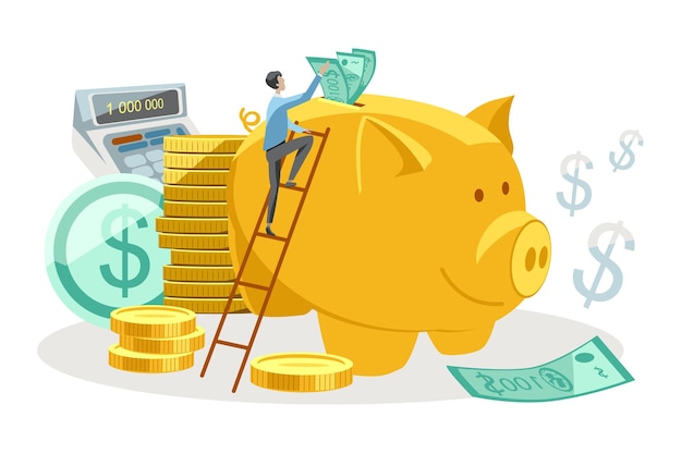 Acumulação compulsiva de dinheiro personagem sem rosto em pé na escada e colocando notas de dólar verde no slot em cima da grande ilustração vetorial do cofrinho
