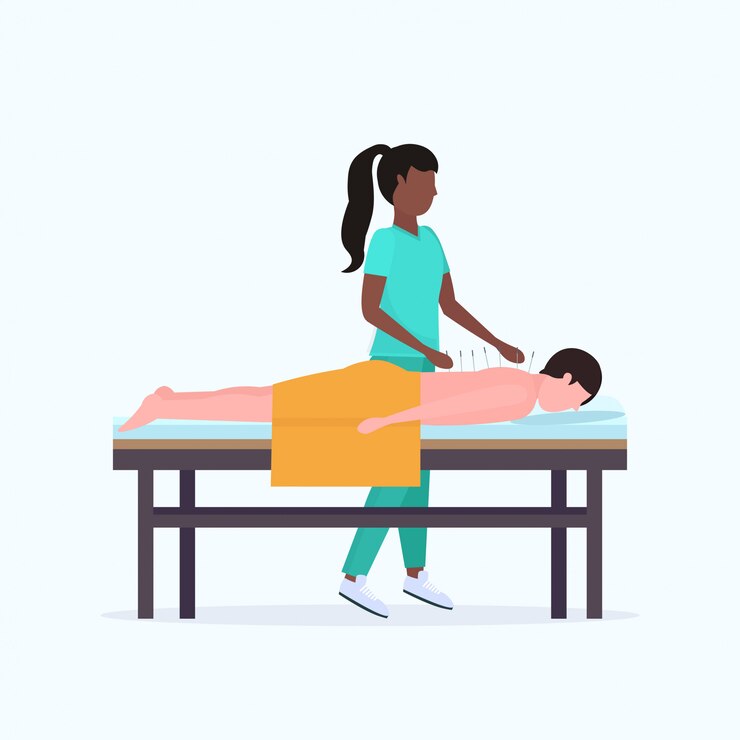 Vetor acupuncturist, homem agulha, paciente, obtendo, tratamento acupuntura, sujeito, relaxante, cama, tratamentos cama, medicina alternativa, conceito, comprimento total