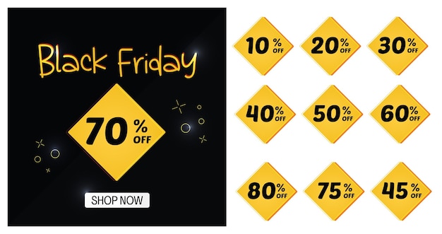 Vetor adesivo black friday square com desconto percentual tag de venda amarelo vermelho preço de oferta