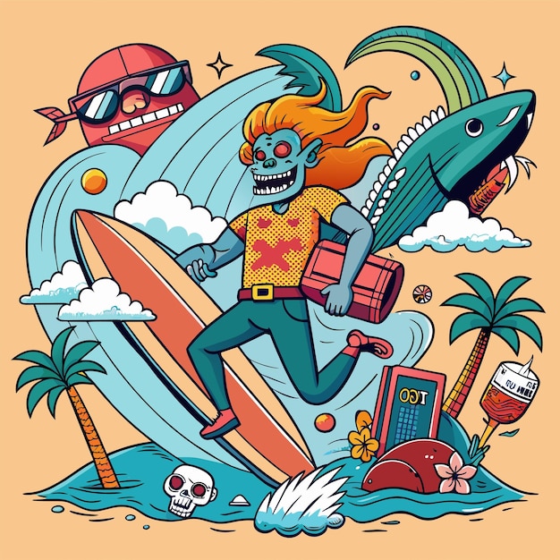 Adesivo de camiseta de uma ilustração humorística fundindo referências da cultura pop com motivos de surf